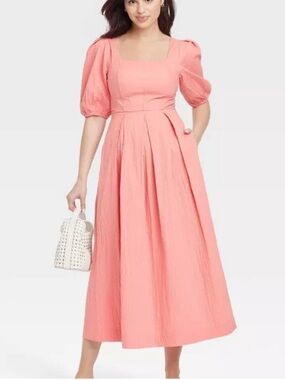 Coral Pink Short Balloon Sleeve Midi Dress Size Small Spring Summer Boho